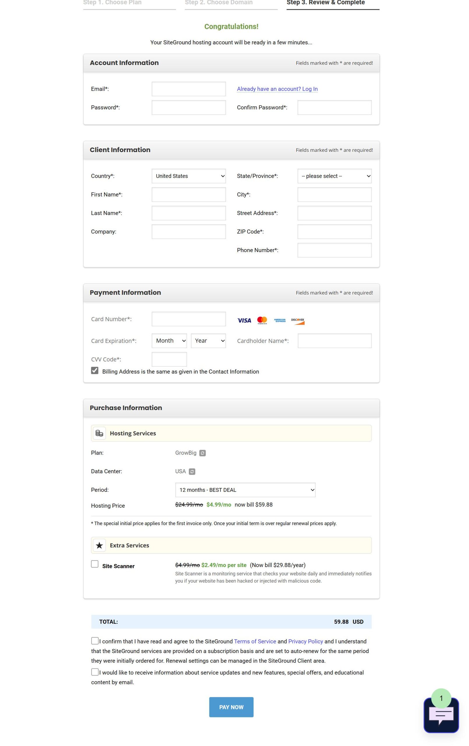 siteground complete order step 3